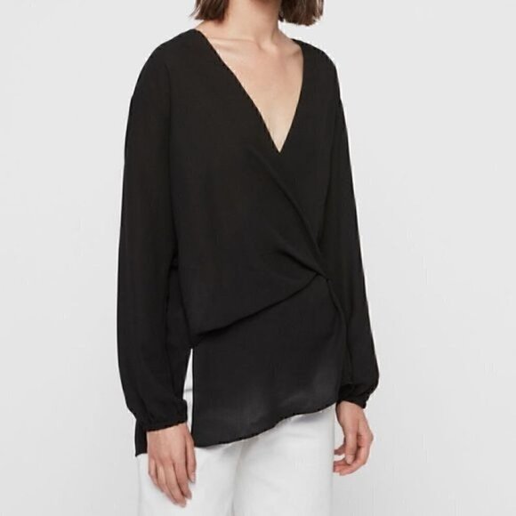 Allsaints Black Wrap Mia Sleeve Top Blouse XS Polyester - Picture 3 of 13